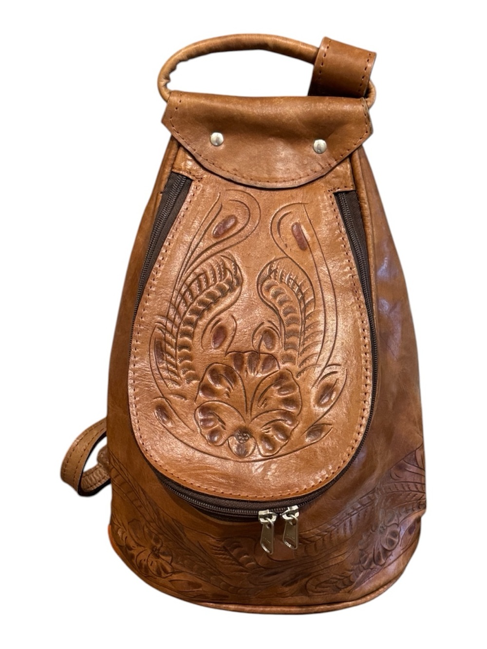 Vintage Tooled Leather Sling Backpack Boho Western Festival Bag
